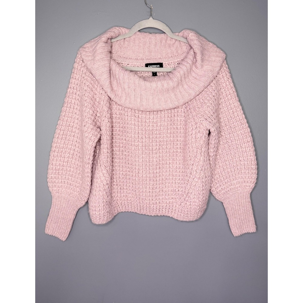 Express Sweater Women S Barbie Pink Cowl Neck Chunky Cozy Open Waffle Knit Cabin